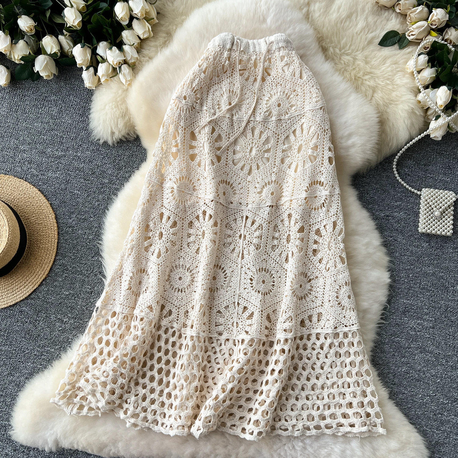 Cotton Floral Crochet Knitted Lace Skirt For Women Vintage Hollow Out Elastic Waist Skirts Summer Holiday Long Boho Beach Falda