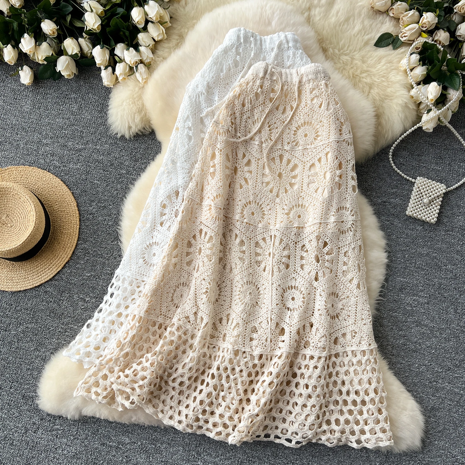 Cotton Floral Crochet Knitted Lace Skirt For Women Vintage Hollow Out Elastic Waist Skirts Summer Holiday Long Boho Beach Falda