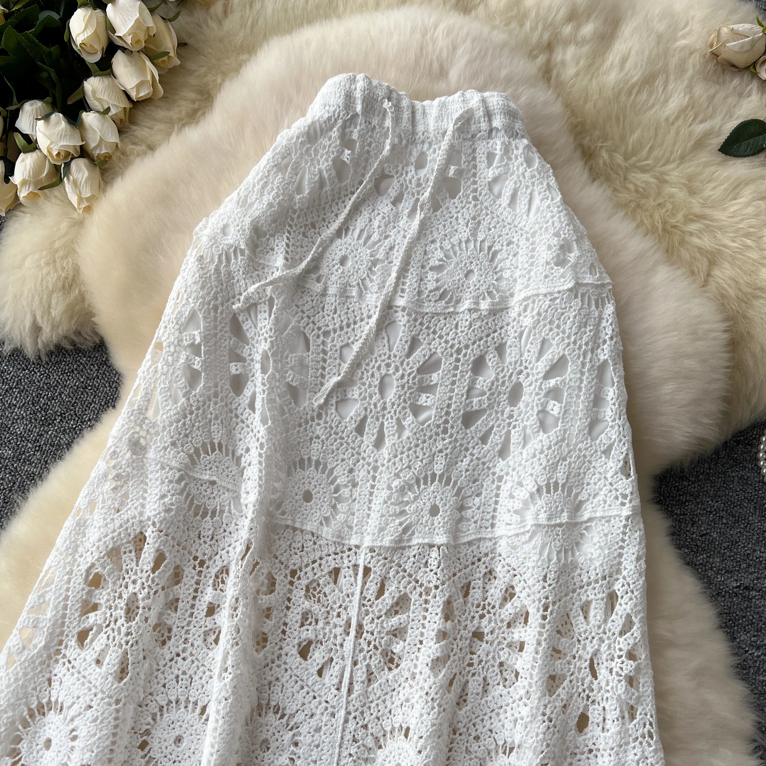 Cotton Floral Crochet Knitted Lace Skirt For Women Vintage Hollow Out Elastic Waist Skirts Summer Holiday Long Boho Beach Falda