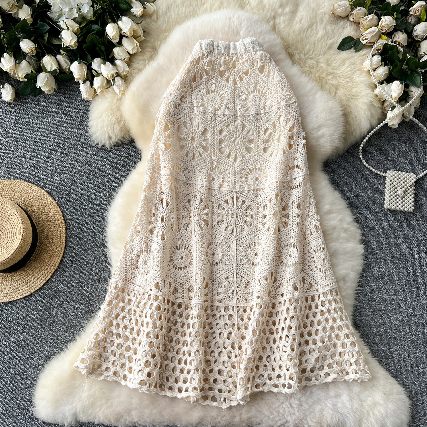 Cotton Floral Crochet Knitted Lace Skirt For Women Vintage Hollow Out Elastic Waist Skirts Summer Holiday Long Boho Beach Falda