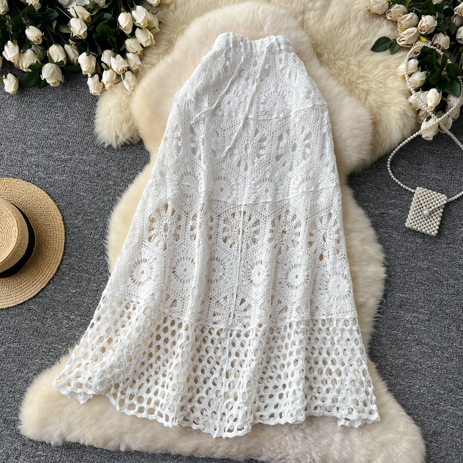 Cotton Floral Crochet Knitted Lace Skirt For Women Vintage Hollow Out Elastic Waist Skirts Summer Holiday Long Boho Beach Falda