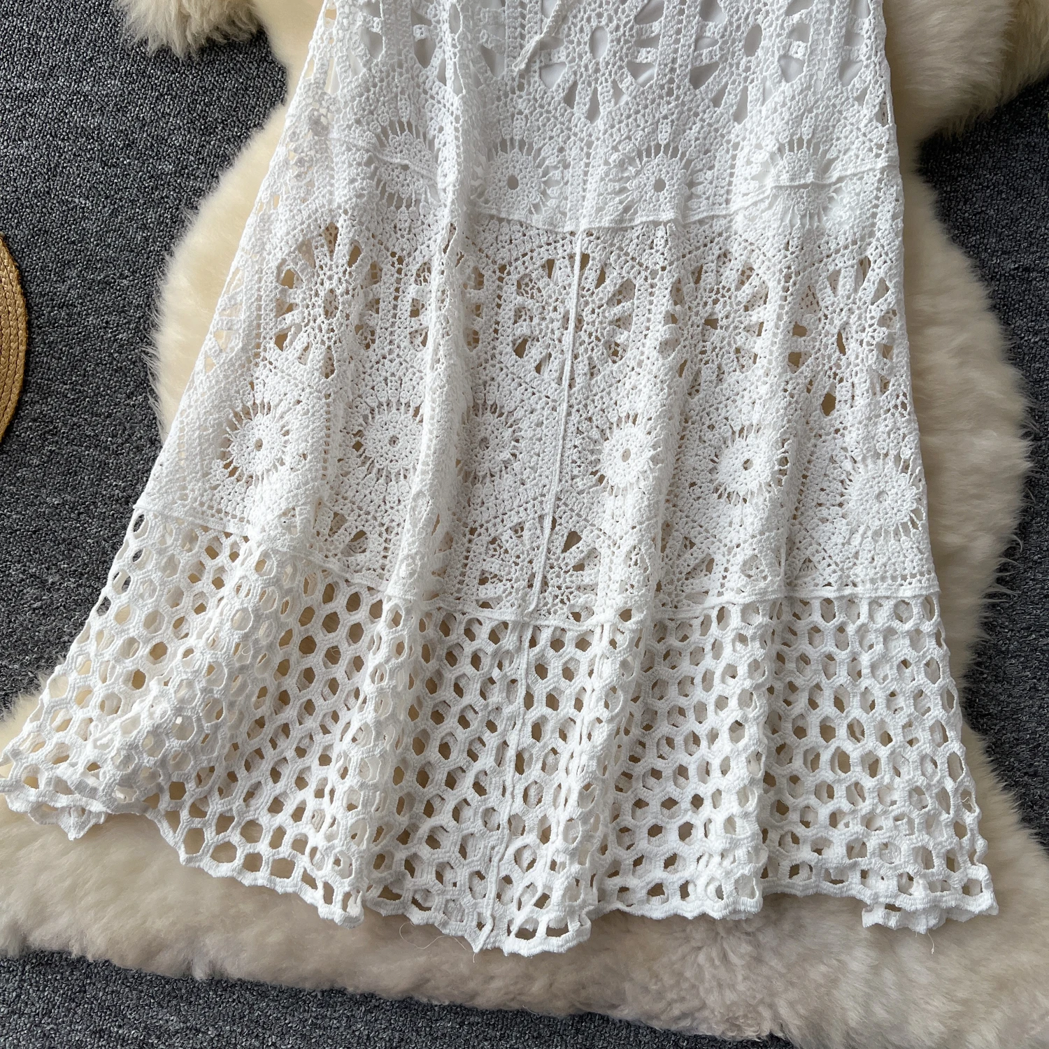 Cotton Floral Crochet Knitted Lace Skirt For Women Vintage Hollow Out Elastic Waist Skirts Summer Holiday Long Boho Beach Falda