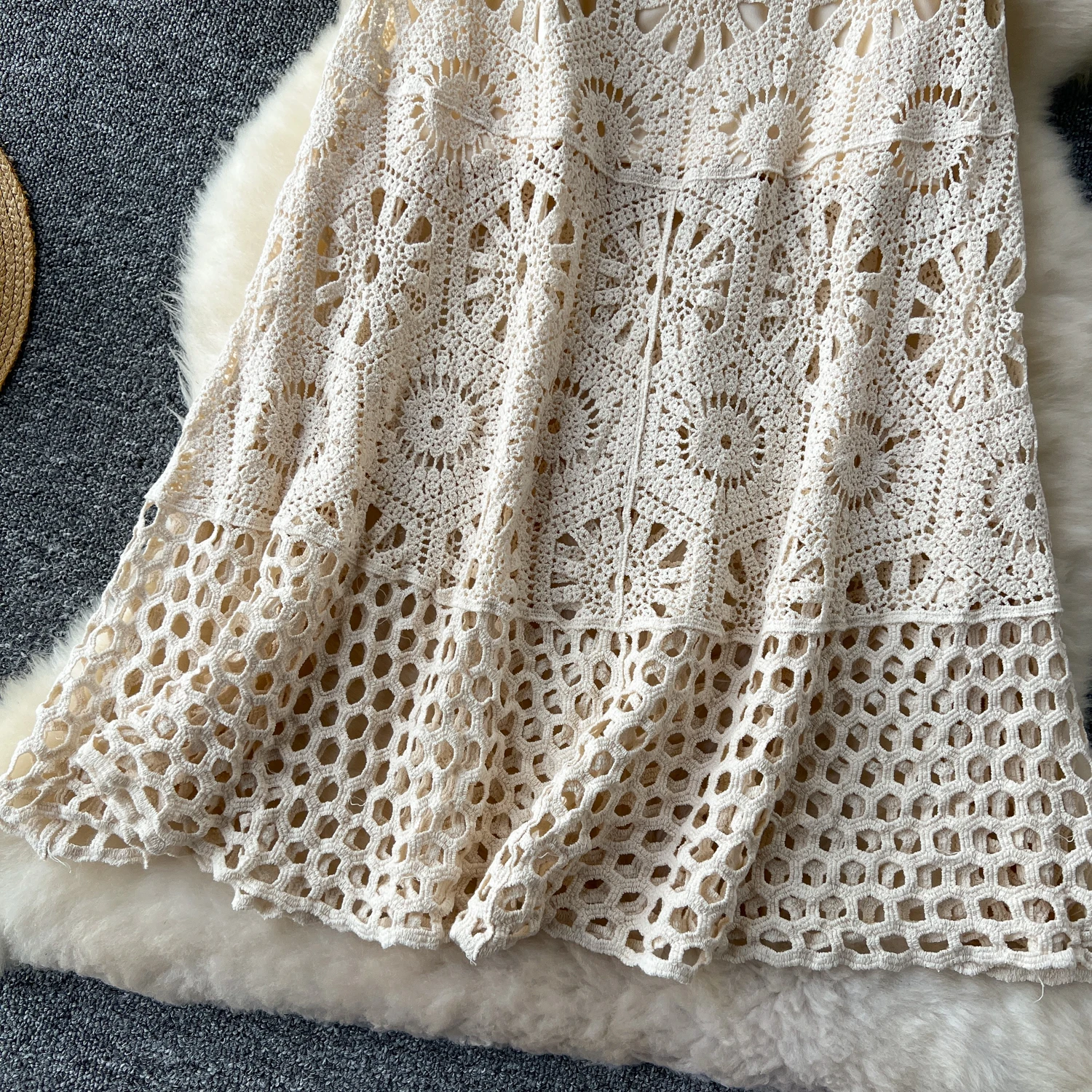 Cotton Floral Crochet Knitted Lace Skirt For Women Vintage Hollow Out Elastic Waist Skirts Summer Holiday Long Boho Beach Falda