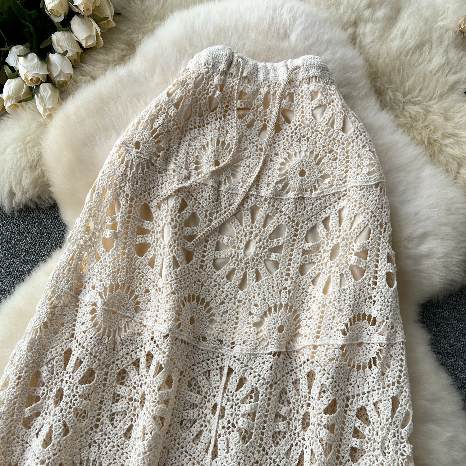Cotton Floral Crochet Knitted Lace Skirt For Women Vintage Hollow Out Elastic Waist Skirts Summer Holiday Long Boho Beach Falda