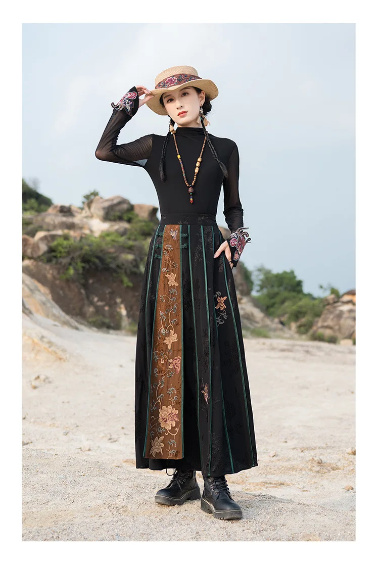 High Quality Floral Embroidery Long Skirt Women New Arrival 2025 Spring Chinese Style Vintage Ladies Elegant A-line Skirts M932
