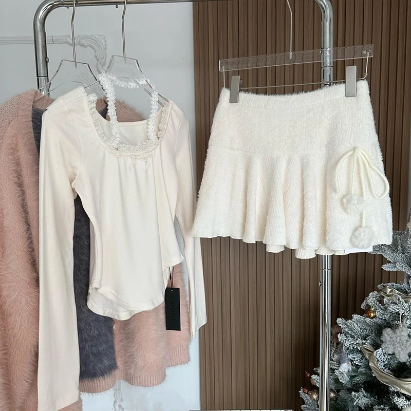 MEXZT Kawaii White Mini Skirts Women Preppy Cute High Waist Skirt Winter Japanese Streetwear Lace Up Chic Slim A Line Faldas New