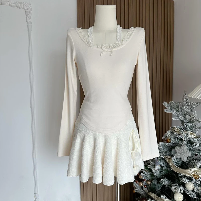 MEXZT Kawaii White Mini Skirts Women Preppy Cute High Waist Skirt Winter Japanese Streetwear Lace Up Chic Slim A Line Faldas New