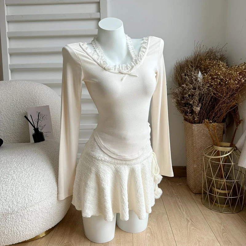 MEXZT Kawaii White Mini Skirts Women Preppy Cute High Waist Skirt Winter Japanese Streetwear Lace Up Chic Slim A Line Faldas New