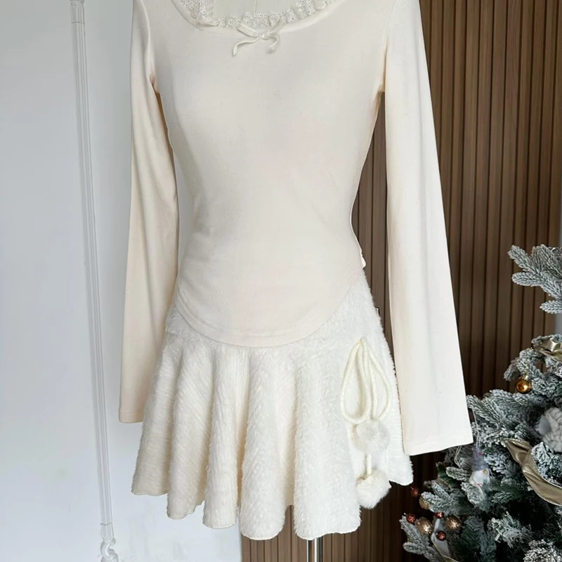 MEXZT Kawaii White Mini Skirts Women Preppy Cute High Waist Skirt Winter Japanese Streetwear Lace Up Chic Slim A Line Faldas New