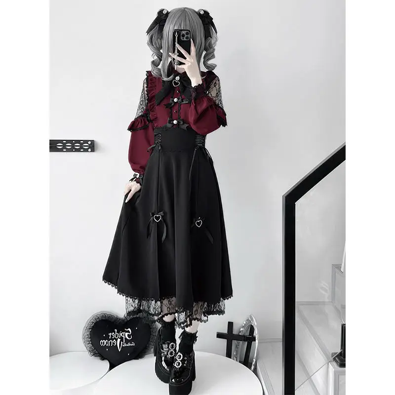 Japanese Lolita Lace Patchwork Skirts Women Summer New Slim High Waist Midi  Black Skirts Gothic Vintage Bandage Skirt Hot Girls