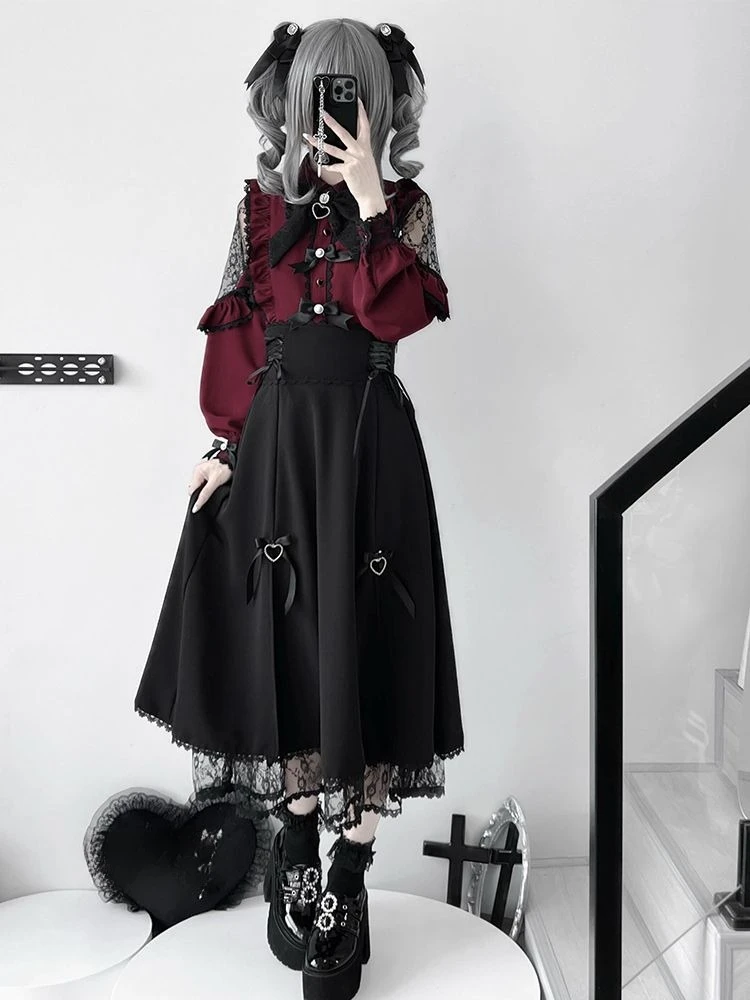 Japanese Lolita Lace Patchwork Skirts Women Summer New Slim High Waist Midi  Black Skirts Gothic Vintage Bandage Skirt Hot Girls