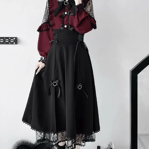 Japanese Lolita Lace Patchwork Skirts Women Summer New Slim High Waist Midi  Black Skirts Gothic Vintage Bandage Skirt Hot Girls