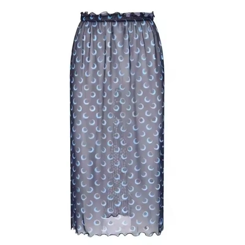 Perspective Lace Mesh Half Skirt Sexy Women European American Summer High Street New Moon Printed Medium Length Versatile Skirt