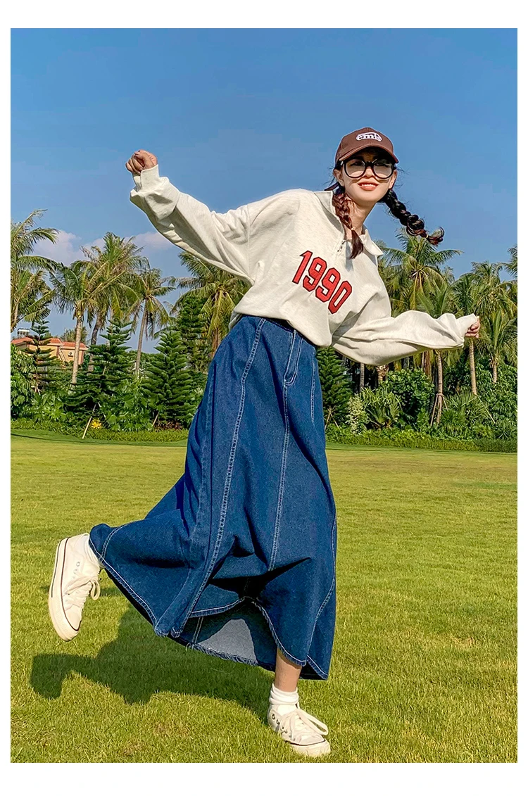 Maxi Long Skirts Women Spring Summer Casual High Waisted Jean Skirt Ladies Splicing A-Line Ruffle Denim Skirt Plus Size  5XL 6XL