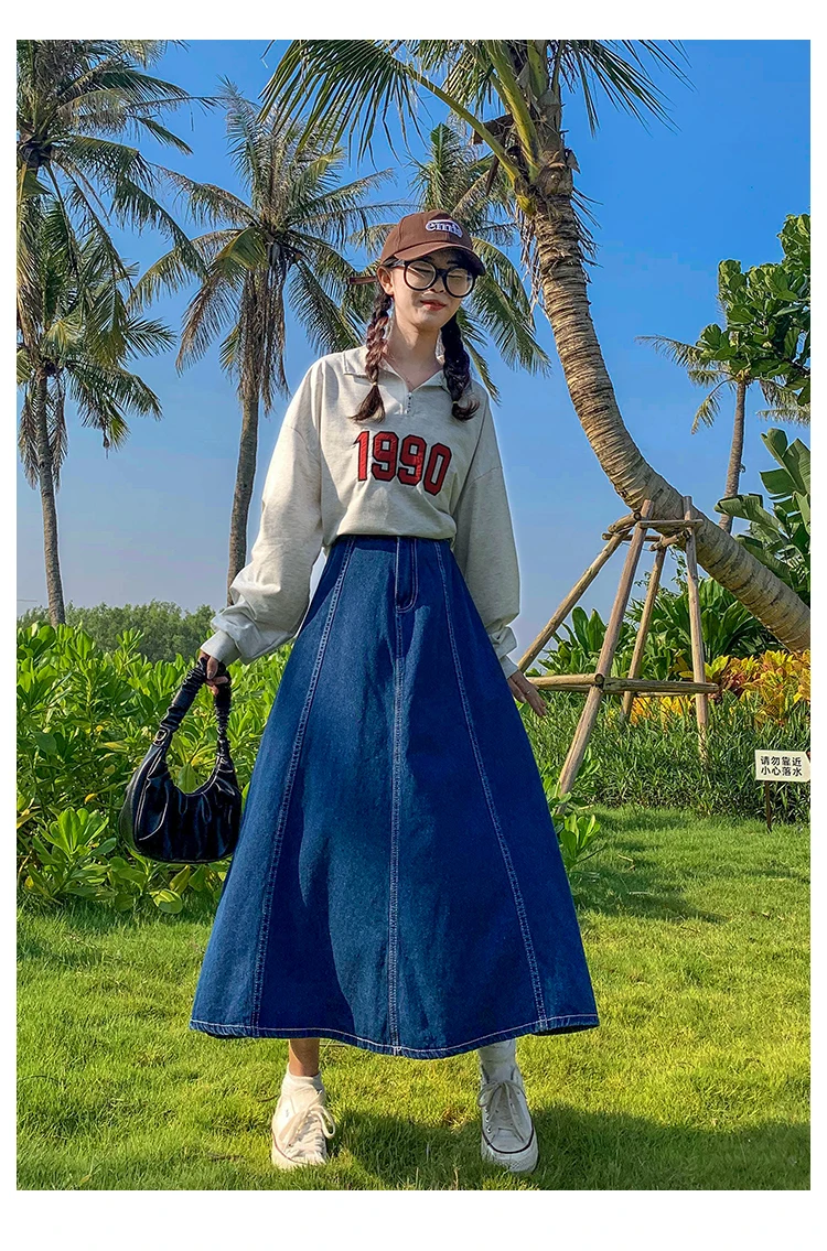 Maxi Long Skirts Women Spring Summer Casual High Waisted Jean Skirt Ladies Splicing A-Line Ruffle Denim Skirt Plus Size  5XL 6XL