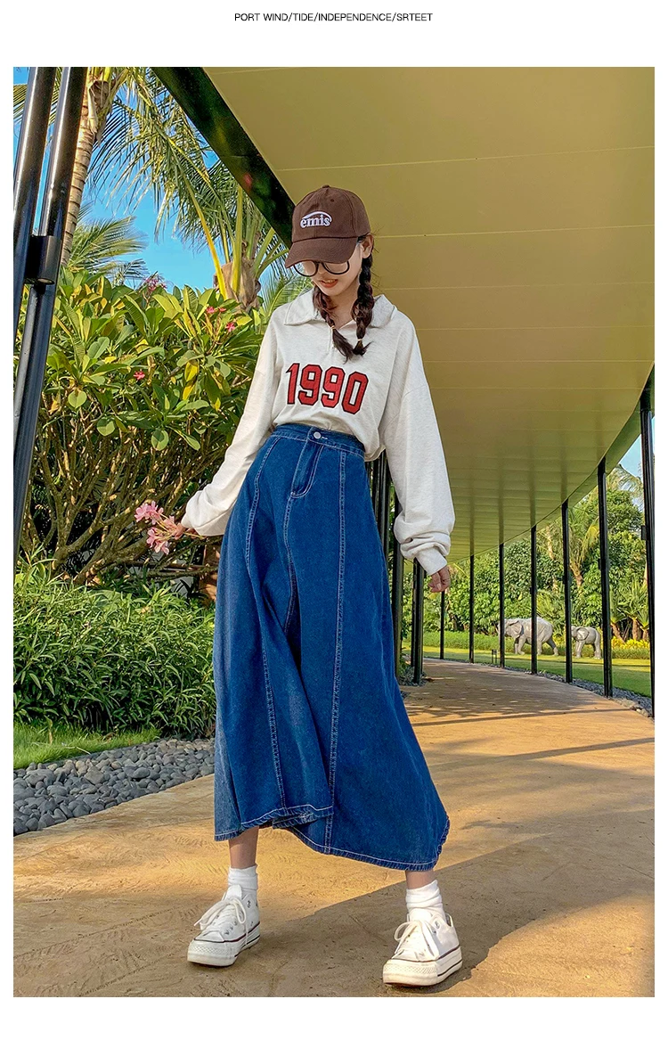Maxi Long Skirts Women Spring Summer Casual High Waisted Jean Skirt Ladies Splicing A-Line Ruffle Denim Skirt Plus Size  5XL 6XL