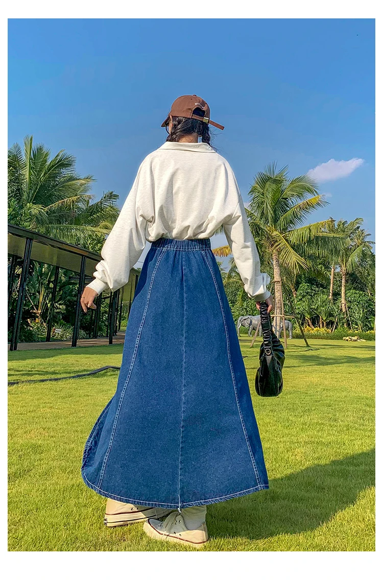 Maxi Long Skirts Women Spring Summer Casual High Waisted Jean Skirt Ladies Splicing A-Line Ruffle Denim Skirt Plus Size  5XL 6XL