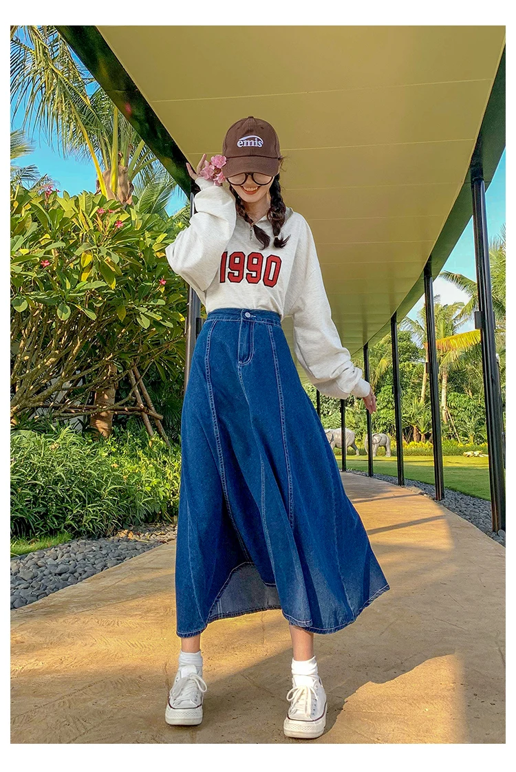 Maxi Long Skirts Women Spring Summer Casual High Waisted Jean Skirt Ladies Splicing A-Line Ruffle Denim Skirt Plus Size  5XL 6XL
