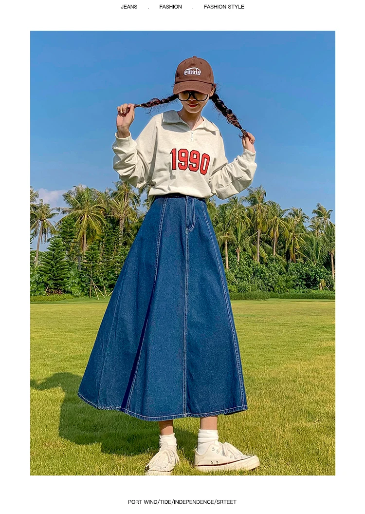 Maxi Long Skirts Women Spring Summer Casual High Waisted Jean Skirt Ladies Splicing A-Line Ruffle Denim Skirt Plus Size  5XL 6XL