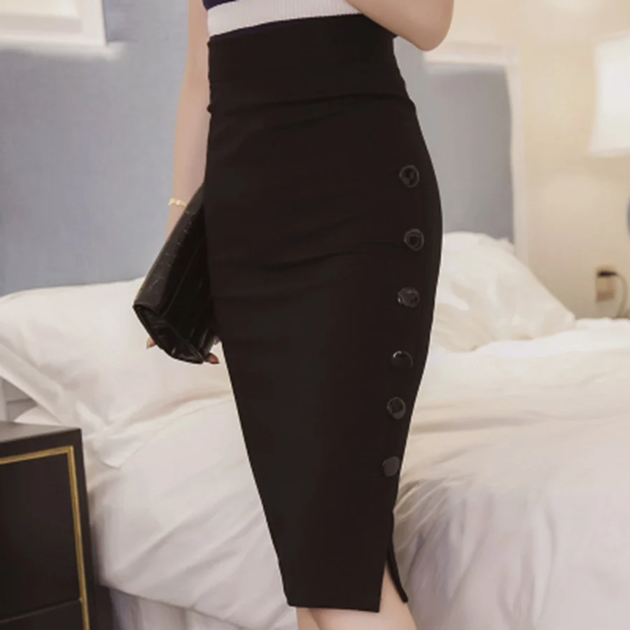 Oversized 2026 Fashion Women Work Midi Skirt OL Sexy Open Slit Button Slim Pencil Skirt Elegant Office Ladies Skirts Red Black