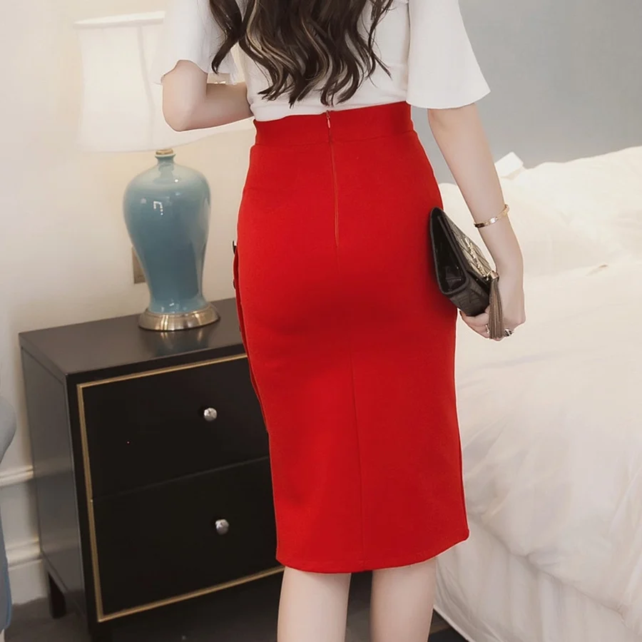 Oversized 2026 Fashion Women Work Midi Skirt OL Sexy Open Slit Button Slim Pencil Skirt Elegant Office Ladies Skirts Red Black