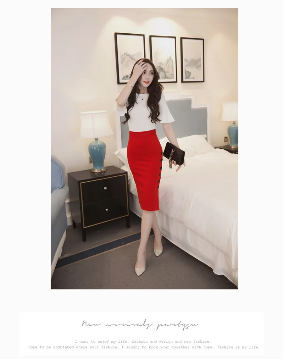 Oversized 2026 Fashion Women Work Midi Skirt OL Sexy Open Slit Button Slim Pencil Skirt Elegant Office Ladies Skirts Red Black