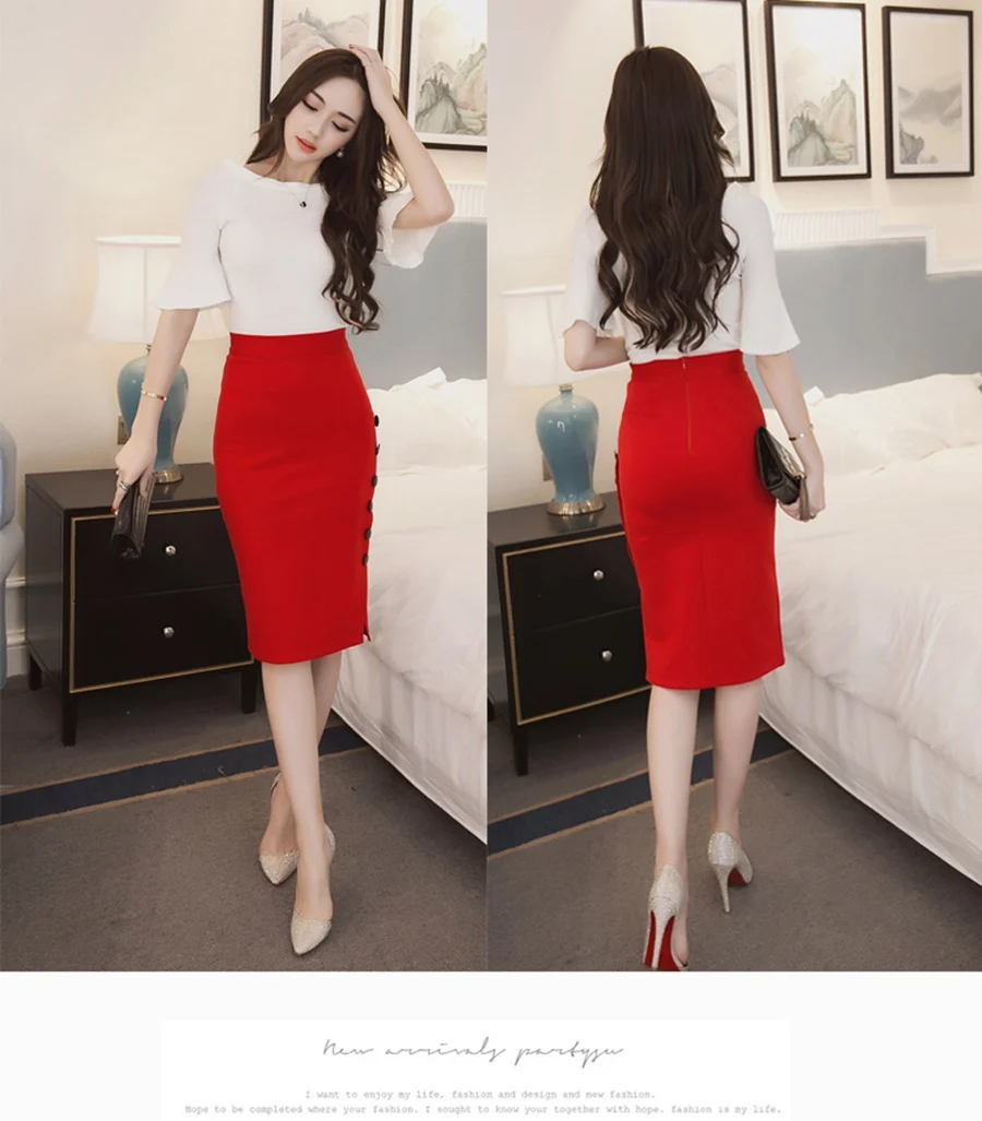 Oversized 2026 Fashion Women Work Midi Skirt OL Sexy Open Slit Button Slim Pencil Skirt Elegant Office Ladies Skirts Red Black