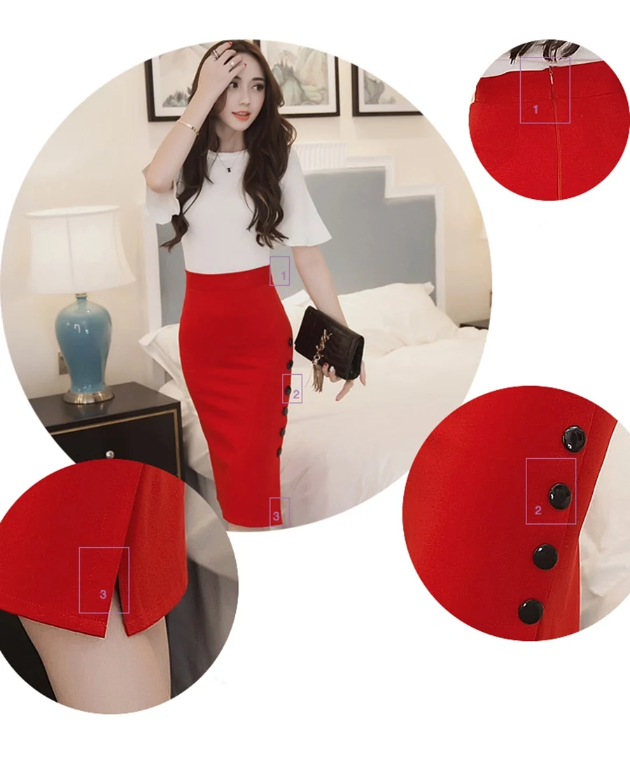 Oversized 2026 Fashion Women Work Midi Skirt OL Sexy Open Slit Button Slim Pencil Skirt Elegant Office Ladies Skirts Red Black