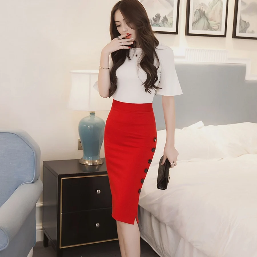Oversized 2026 Fashion Women Work Midi Skirt OL Sexy Open Slit Button Slim Pencil Skirt Elegant Office Ladies Skirts Red Black