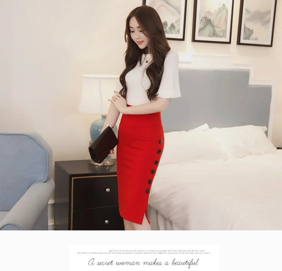 Oversized 2026 Fashion Women Work Midi Skirt OL Sexy Open Slit Button Slim Pencil Skirt Elegant Office Ladies Skirts Red Black