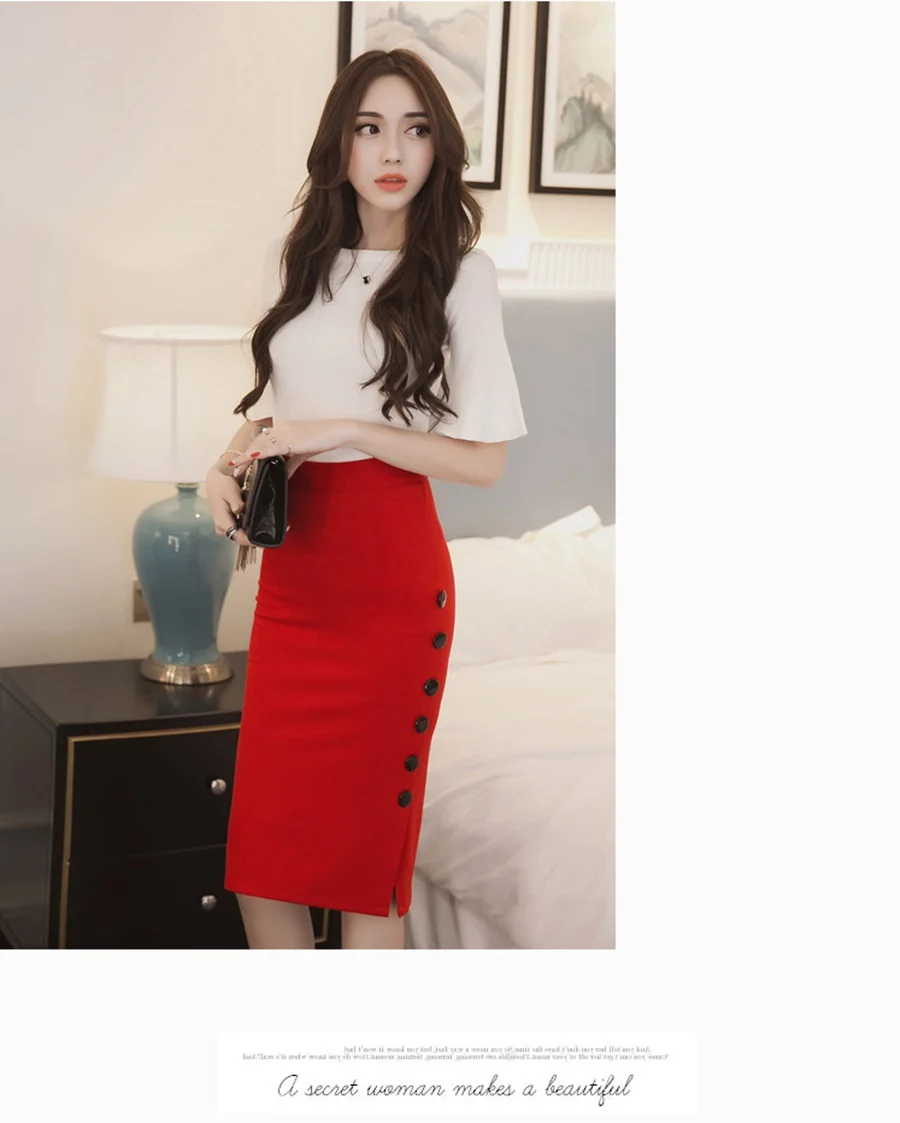 Oversized 2026 Fashion Women Work Midi Skirt OL Sexy Open Slit Button Slim Pencil Skirt Elegant Office Ladies Skirts Red Black