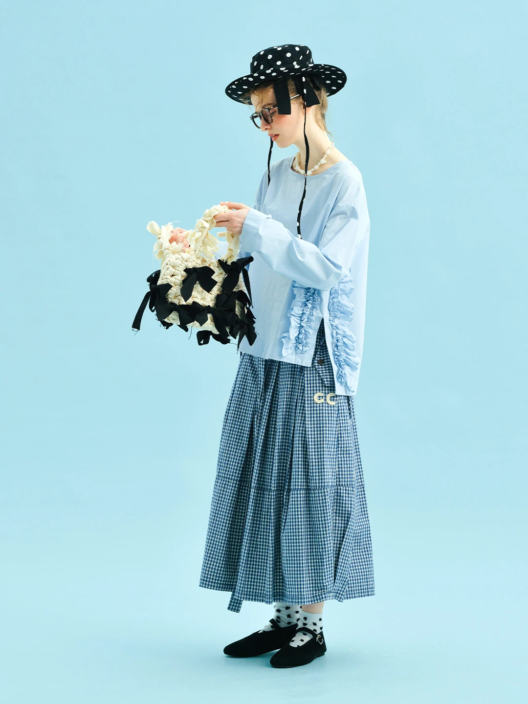imakokoni women's skirts Female clothing long skirt checkered pattern bow waist a line loose fit casual daily resort wear