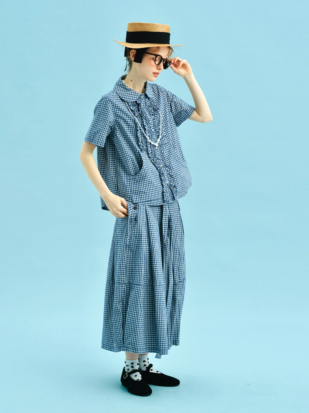 imakokoni women's skirts Female clothing long skirt checkered pattern bow waist a line loose fit casual daily resort wear