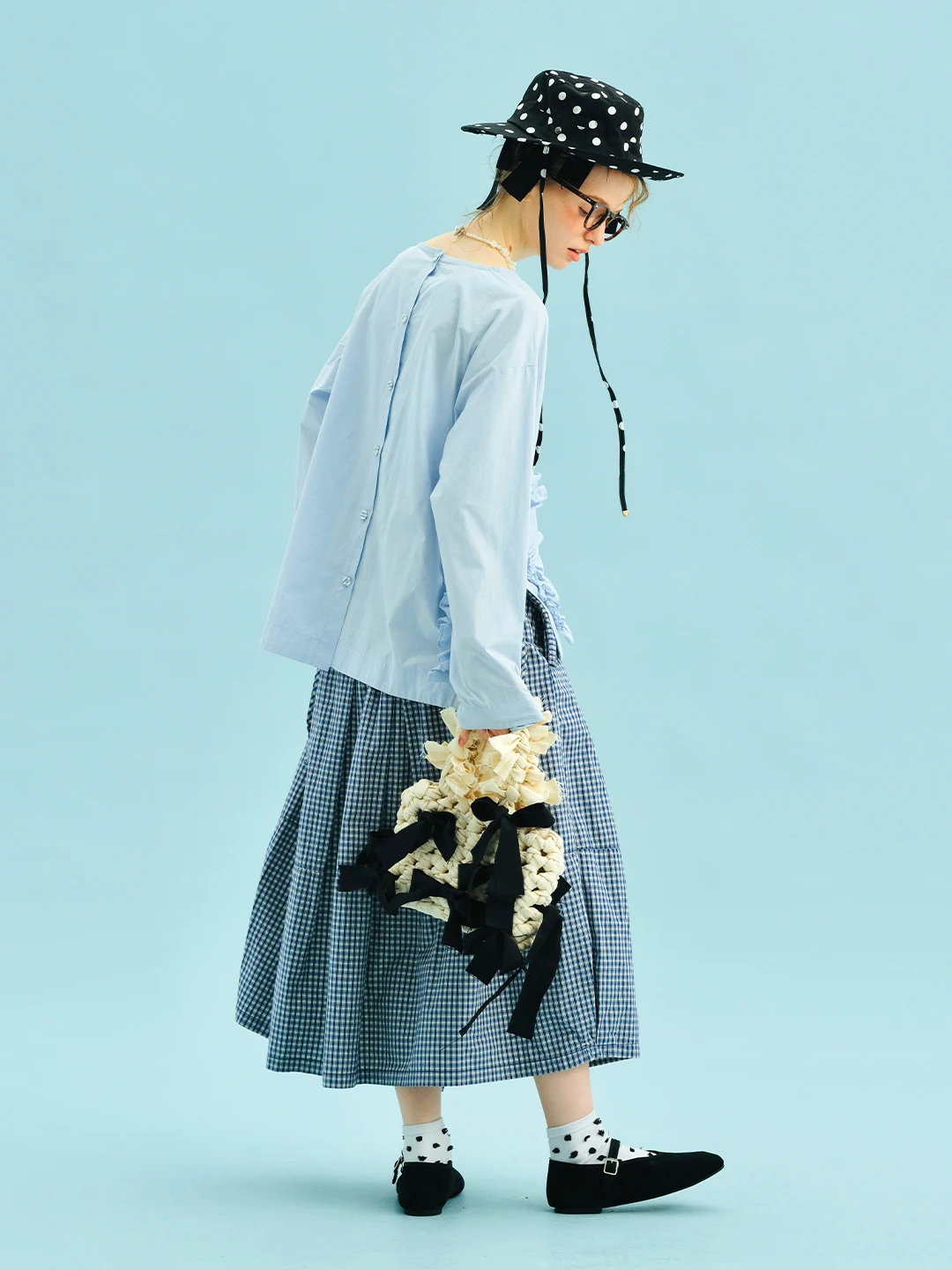 imakokoni women's skirts Female clothing long skirt checkered pattern bow waist a line loose fit casual daily resort wear