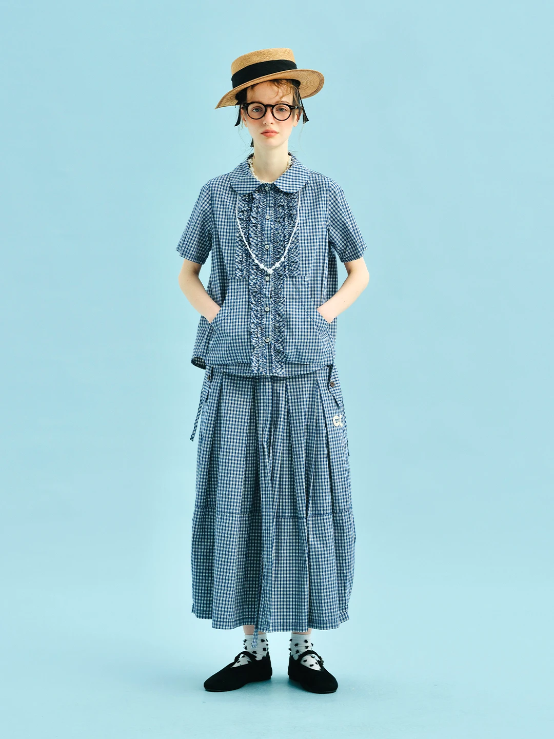 imakokoni women's skirts Female clothing long skirt checkered pattern bow waist a line loose fit casual daily resort wear