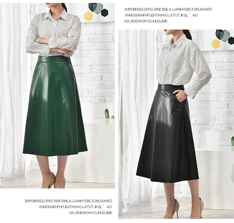 Women Clothing 2025 Spring New Genuine Leather Skirt Femme High Waist A-line Long Jupe Mujer Umbrella Dark Green Faldas Largas