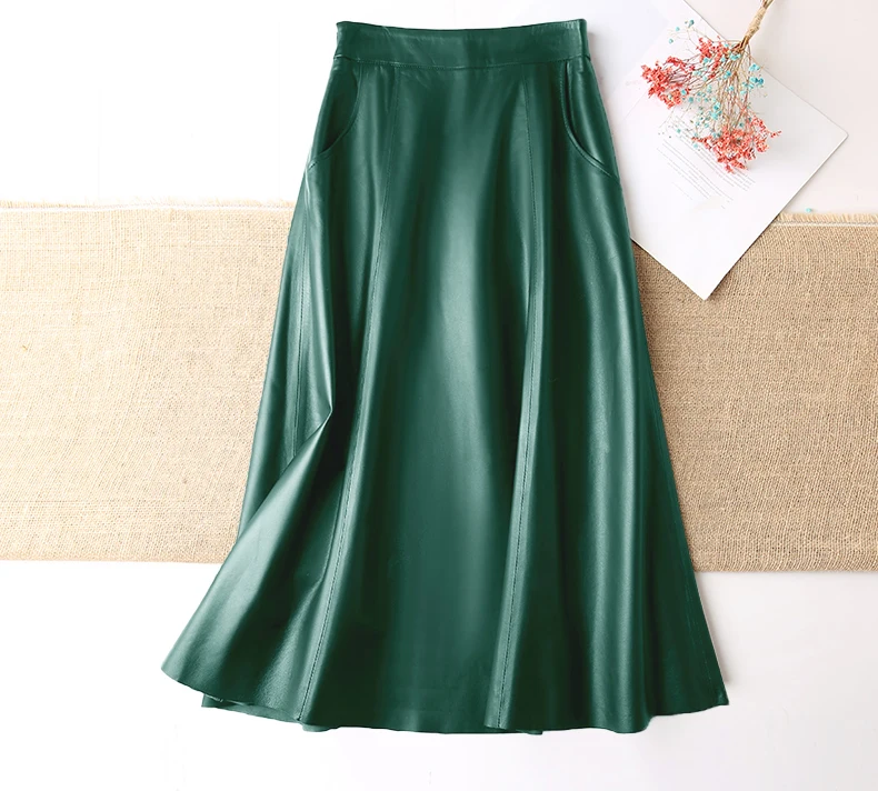 Women Clothing 2025 Spring New Genuine Leather Skirt Femme High Waist A-line Long Jupe Mujer Umbrella Dark Green Faldas Largas