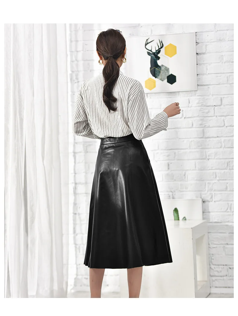 Women Clothing 2025 Spring New Genuine Leather Skirt Femme High Waist A-line Long Jupe Mujer Umbrella Dark Green Faldas Largas