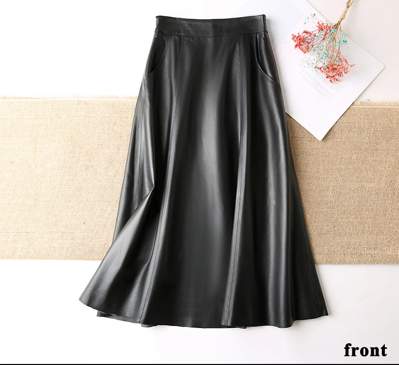Women Clothing 2025 Spring New Genuine Leather Skirt Femme High Waist A-line Long Jupe Mujer Umbrella Dark Green Faldas Largas