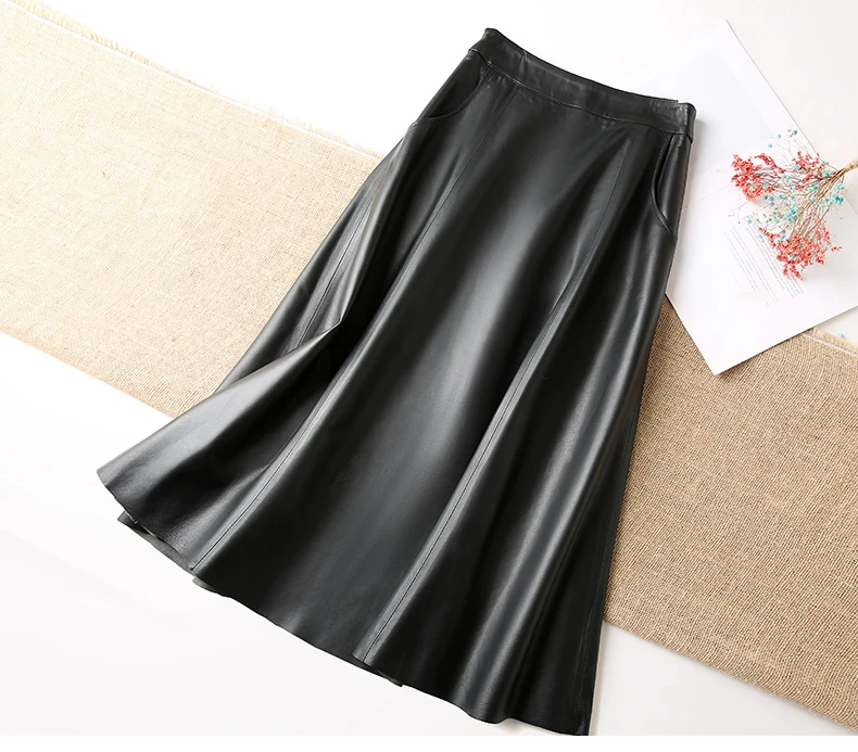 Women Clothing 2025 Spring New Genuine Leather Skirt Femme High Waist A-line Long Jupe Mujer Umbrella Dark Green Faldas Largas