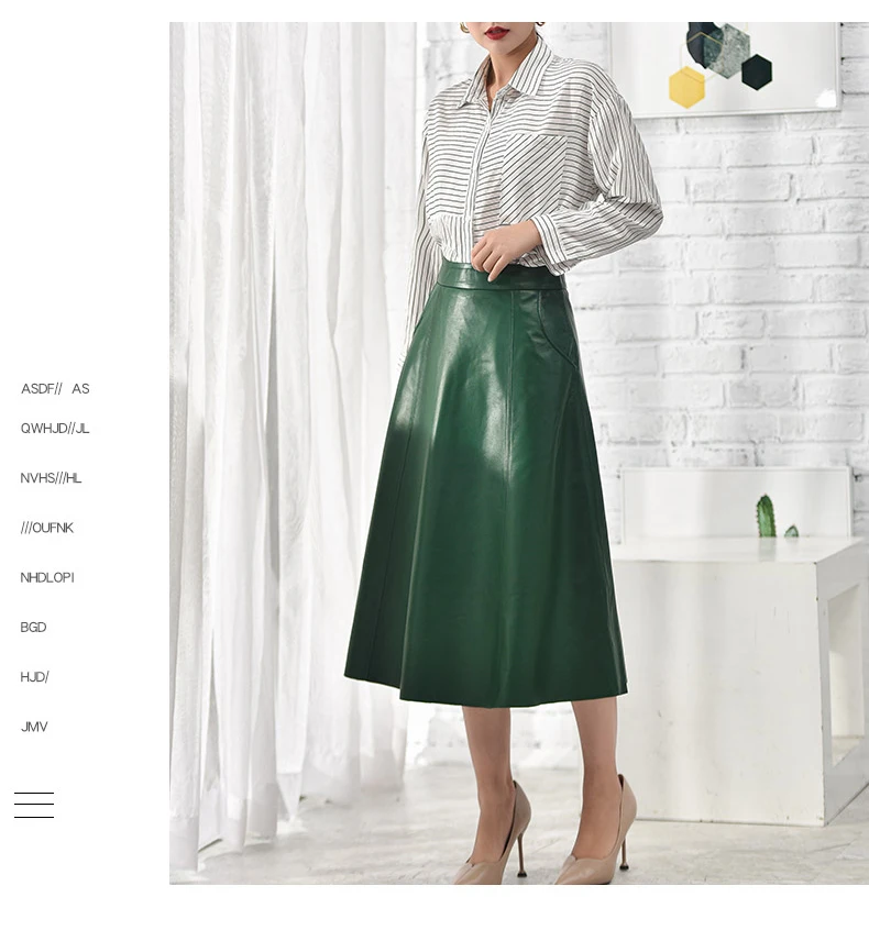 Women Clothing 2025 Spring New Genuine Leather Skirt Femme High Waist A-line Long Jupe Mujer Umbrella Dark Green Faldas Largas