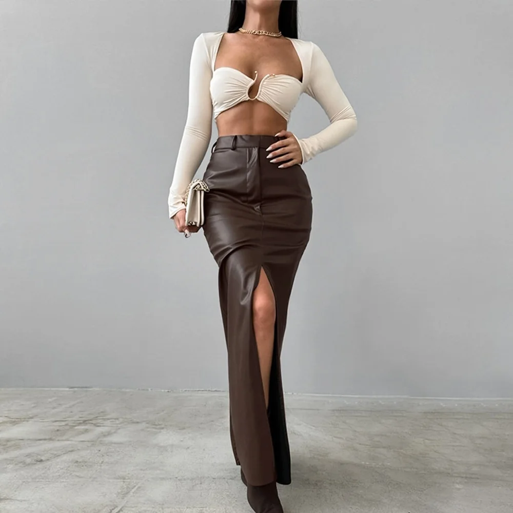 Women High Waist PU Leather Skirts Ladies Solid Slim Maxi Long Skirts