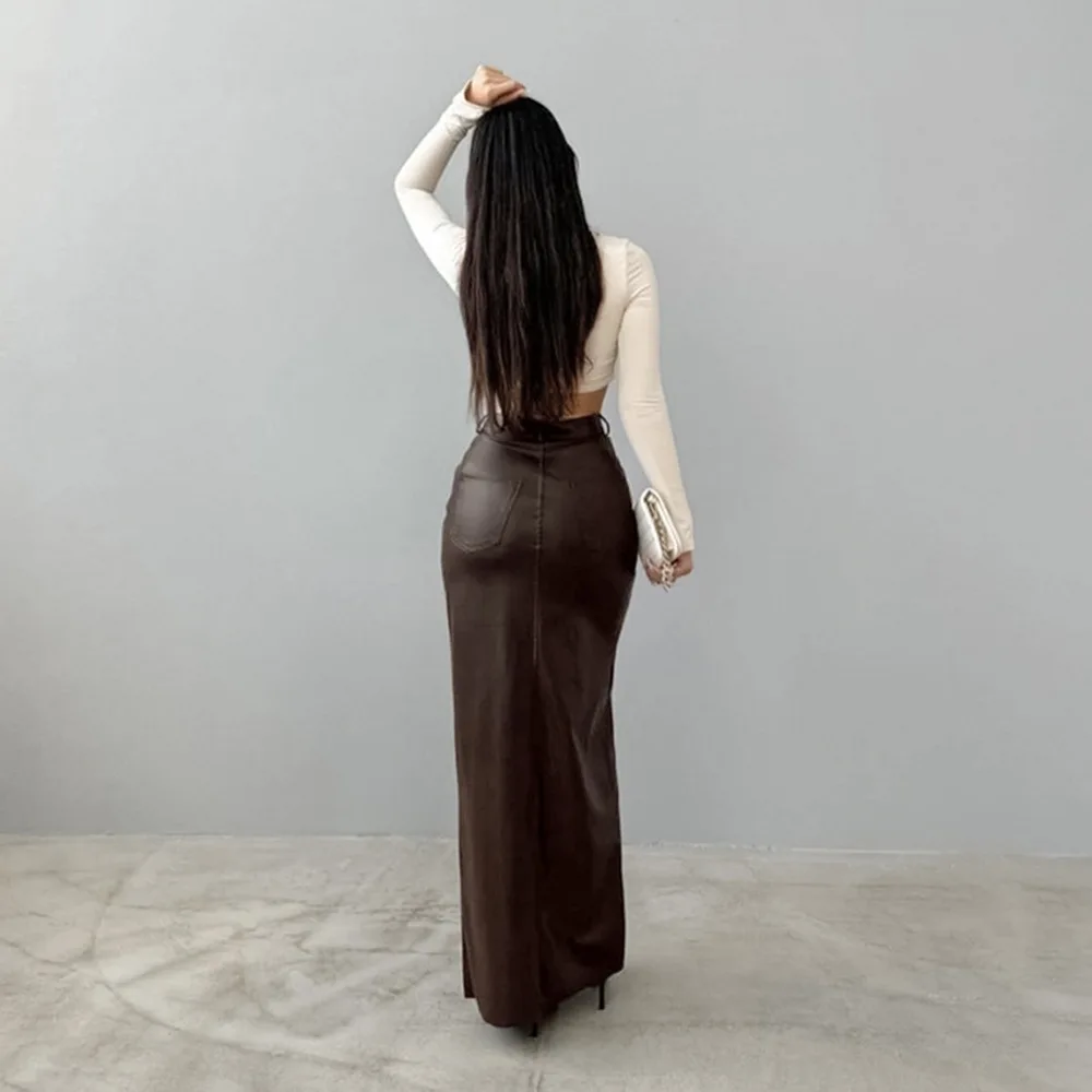 Women High Waist PU Leather Skirts Ladies Solid Slim Maxi Long Skirts