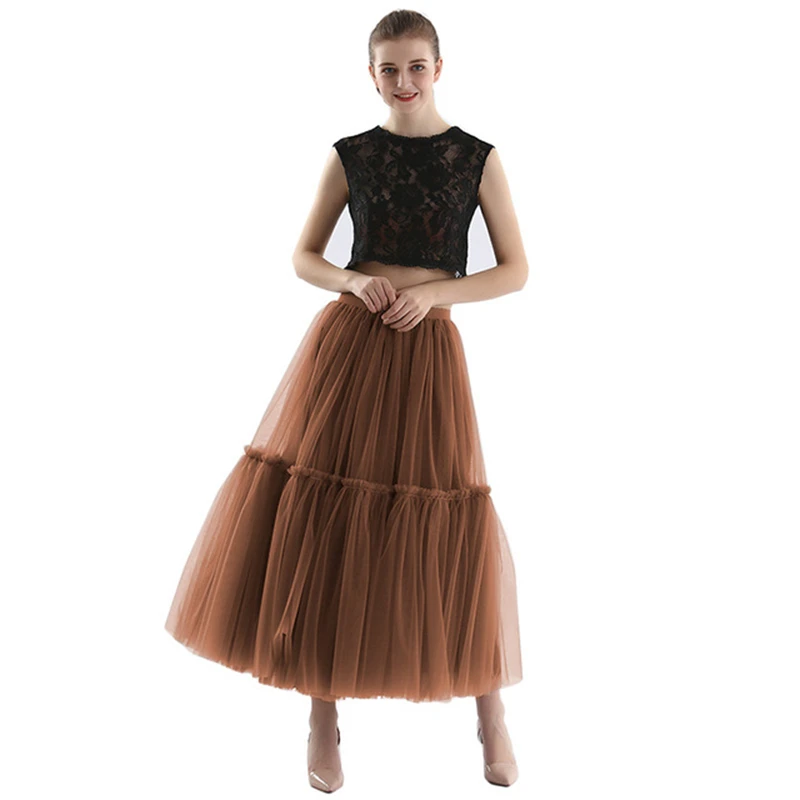 Qooth Women 90cm Party Tulle Ball Gown Mesh Skirt Banquet Wedding Faldas Mujer Elastic Waist Bow Tie Belt Tutu Skirt QT2181