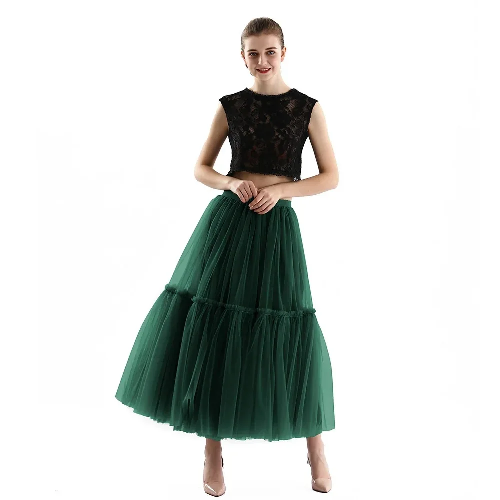 Qooth Women 90cm Party Tulle Ball Gown Mesh Skirt Banquet Wedding Faldas Mujer Elastic Waist Bow Tie Belt Tutu Skirt QT2181