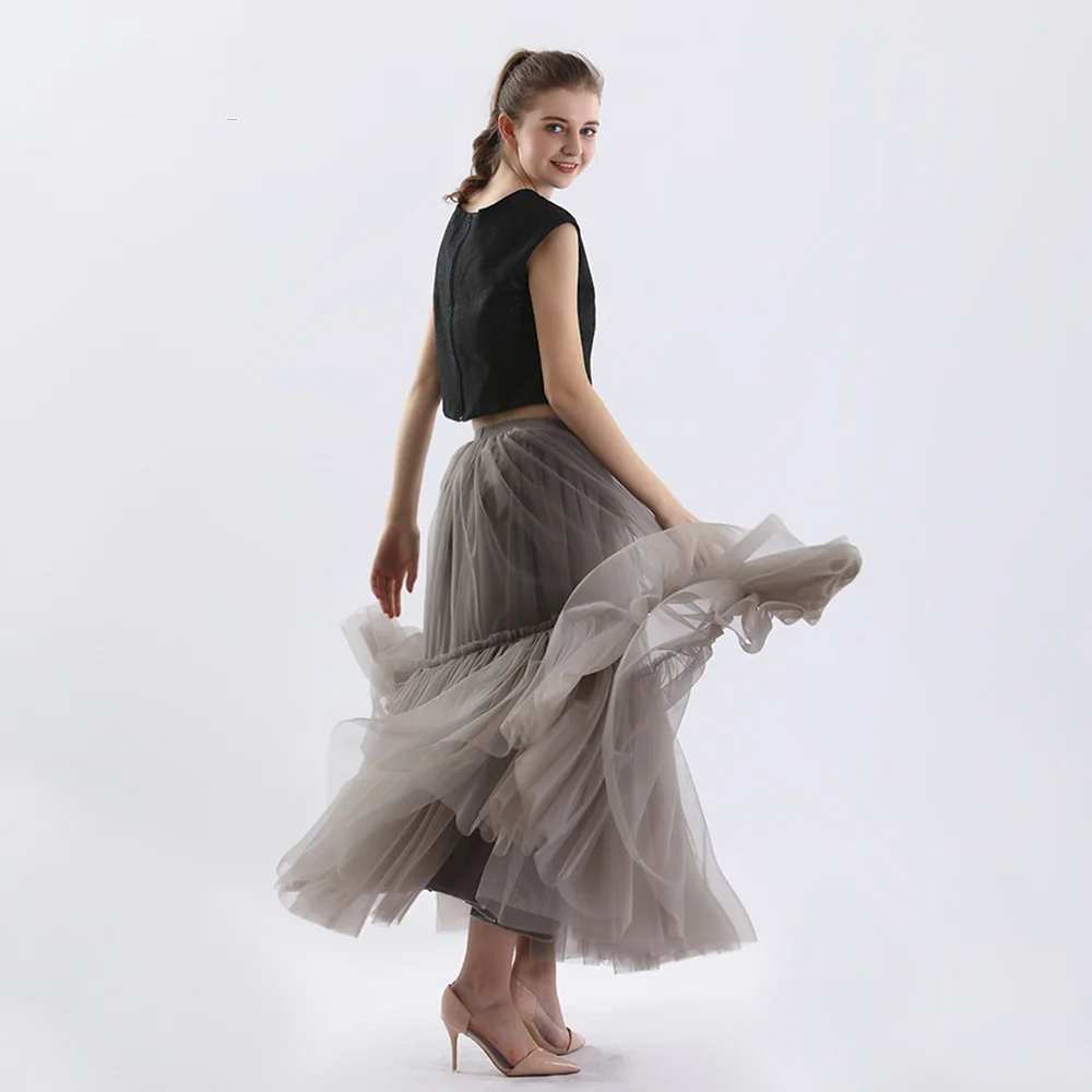 Qooth Women 90cm Party Tulle Ball Gown Mesh Skirt Banquet Wedding Faldas Mujer Elastic Waist Bow Tie Belt Tutu Skirt QT2181