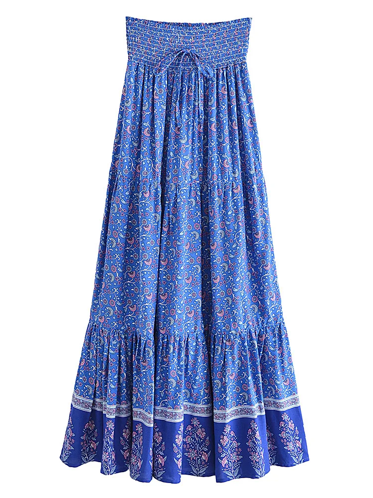 Vintage Chic Fashion Women Floral Print Beach Bohemian Pleated Skirt Rayon Cotton Elastic High-waisted Boho Maxi Skirts Femme
