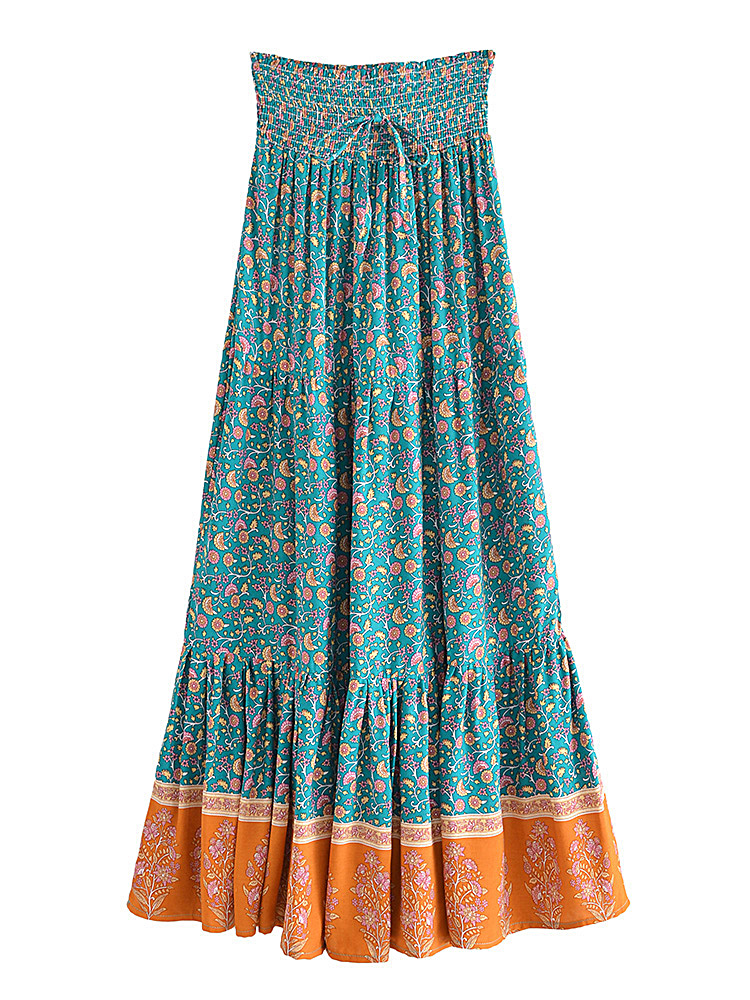 Vintage Chic Fashion Women Floral Print Beach Bohemian Pleated Skirt Rayon Cotton Elastic High-waisted Boho Maxi Skirts Femme
