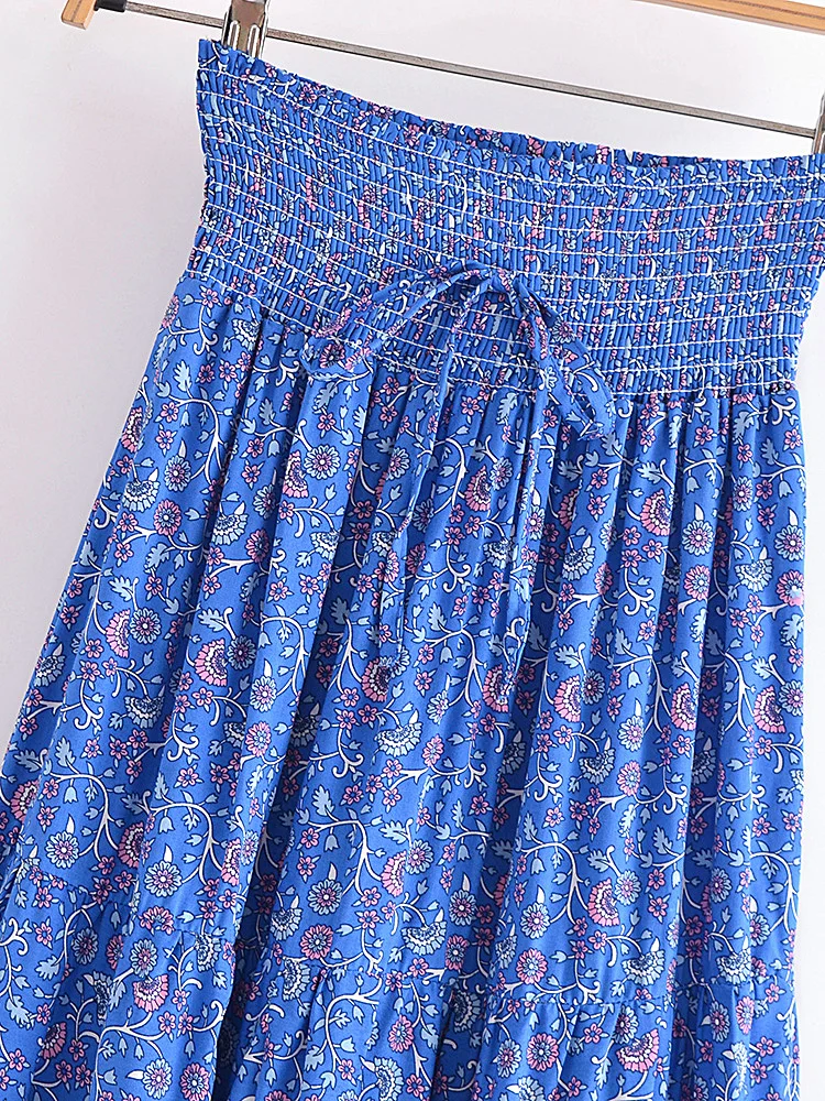 Vintage Chic Fashion Women Floral Print Beach Bohemian Pleated Skirt Rayon Cotton Elastic High-waisted Boho Maxi Skirts Femme