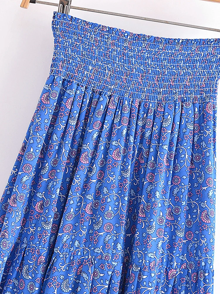 Vintage Chic Fashion Women Floral Print Beach Bohemian Pleated Skirt Rayon Cotton Elastic High-waisted Boho Maxi Skirts Femme